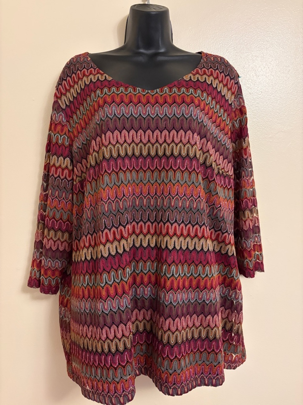 Roz & Ali Pink, Burgundy & Olive Wave-Print V-Neck Top